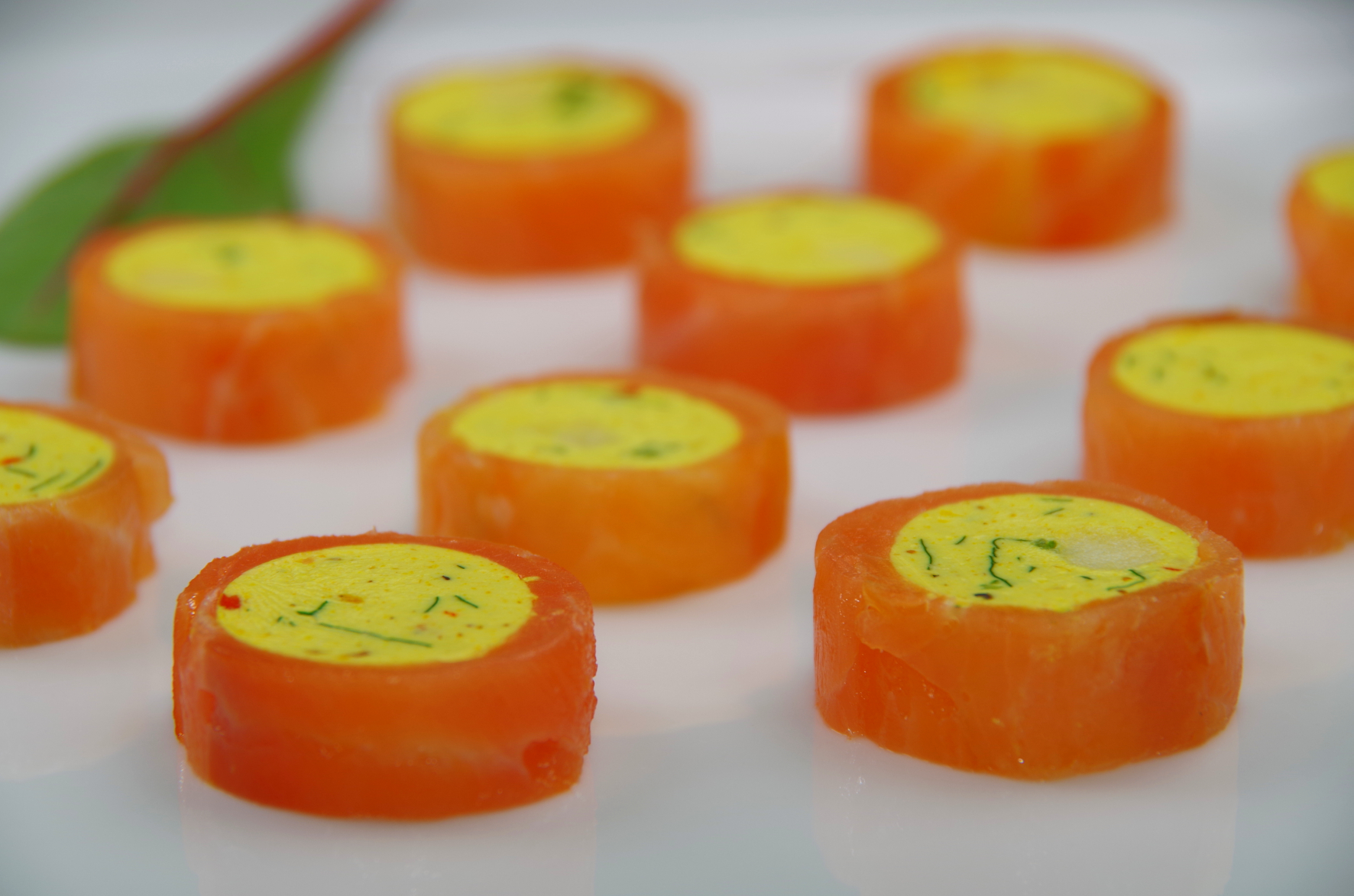 Lachsroulade mit gelber Frischkäsefüllung auf Teller