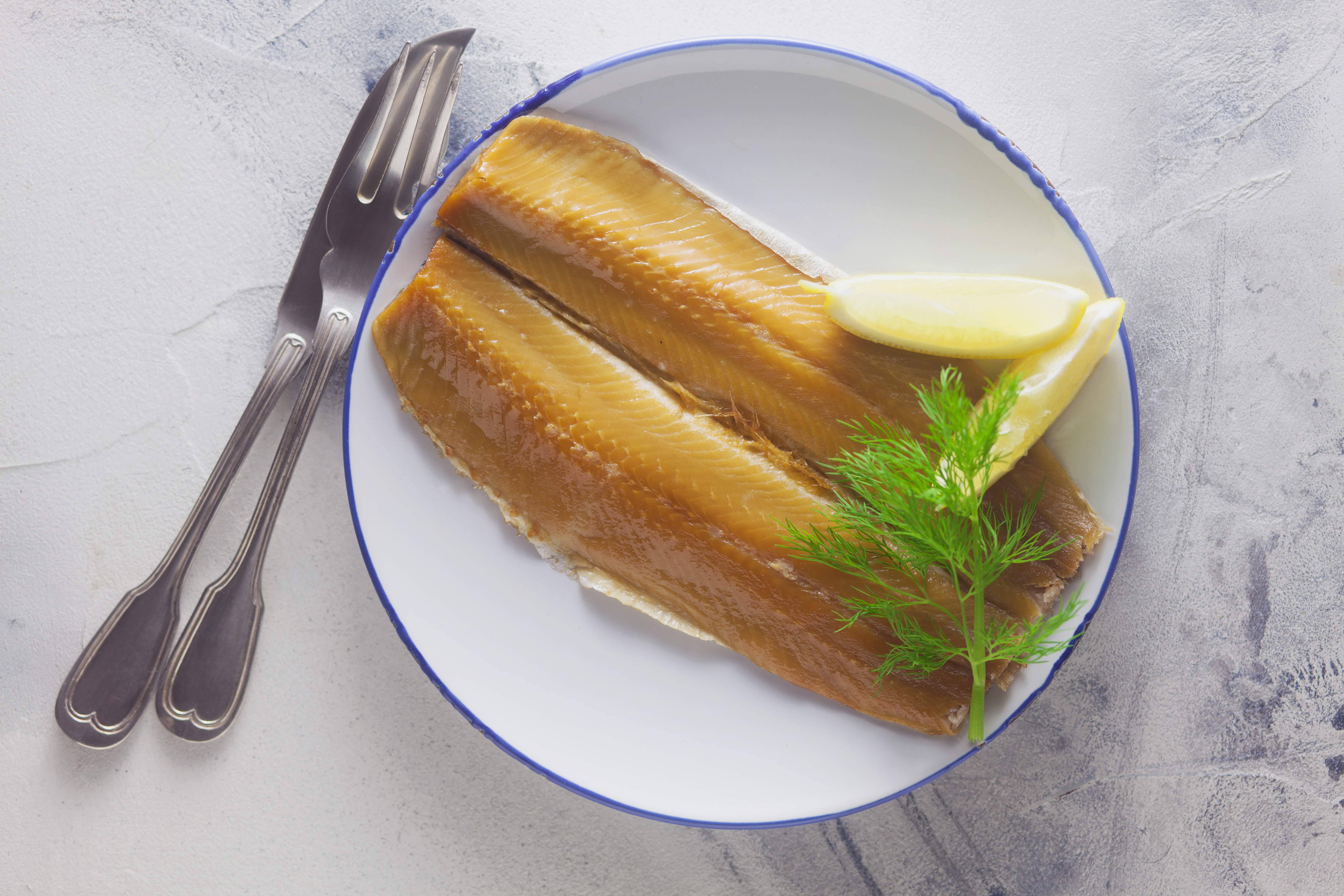zwei Räucherforellenfilets mit Zitrone und Dill auf Teller