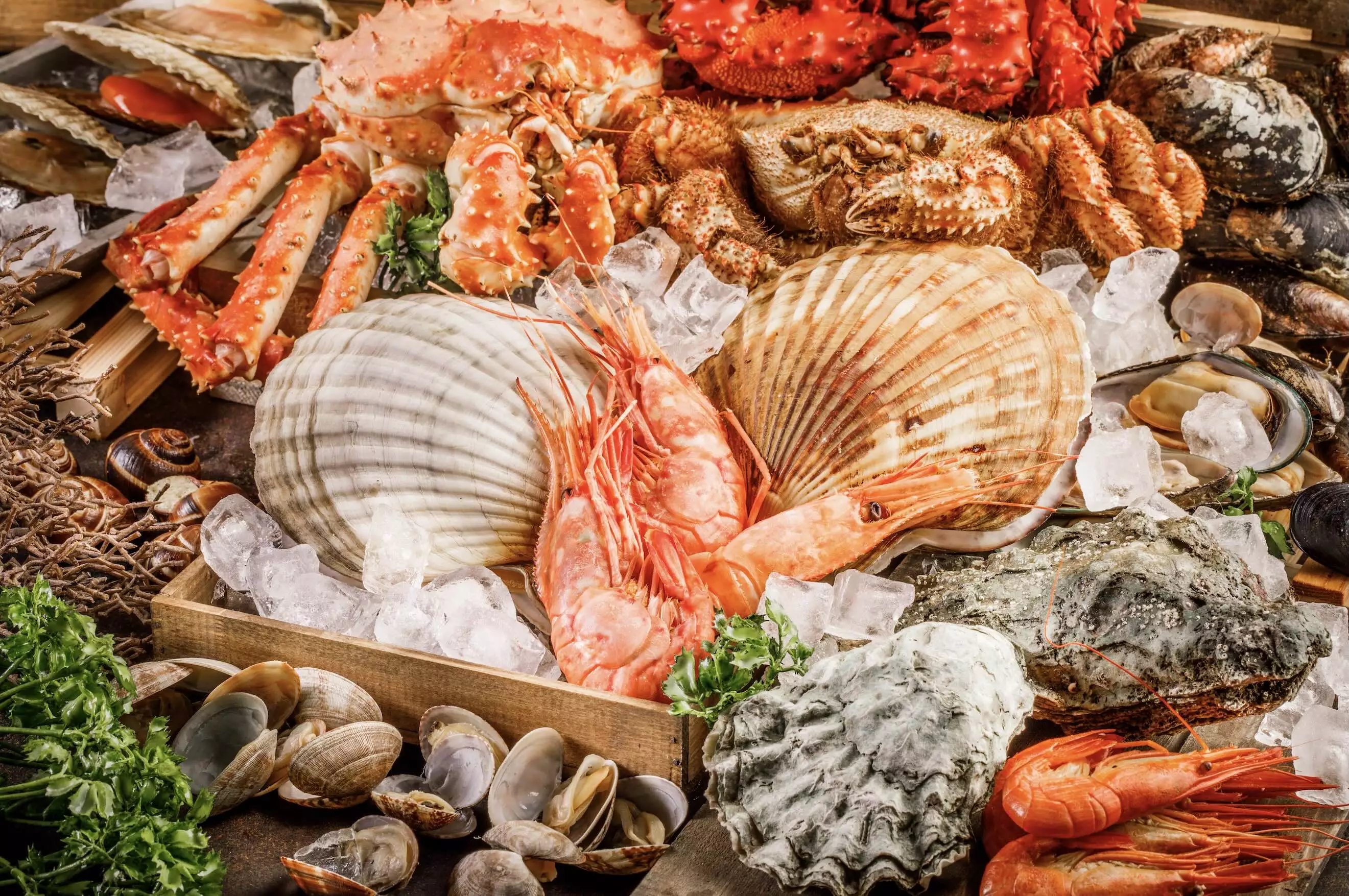 verschiedene rohe Meeresfrüchte und Schalentiere auf Eis