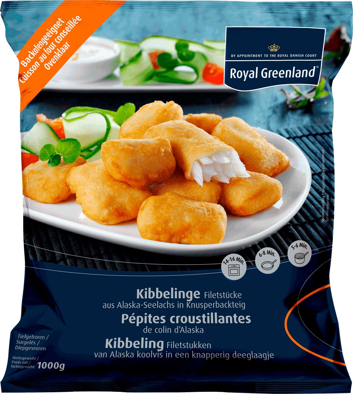 Royal Greenland Kibbelinge aus Alaska-Seelachs im Knusperbackteig, 1000g Verpackung von Royal Greenland Kibbelinge aus Alaska-Seelachs im Knusperbackteig