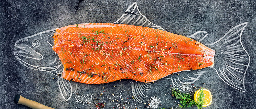 Frisches Lachsfilet auf Kreidezeichnung eines Fisches serviert Ein großes, gewürztes Lachsfilet liegt auf einer Tafel mit einer skizzierten Fischzeichnung, dekoriert mit Kräutern und Zitronenscheibe