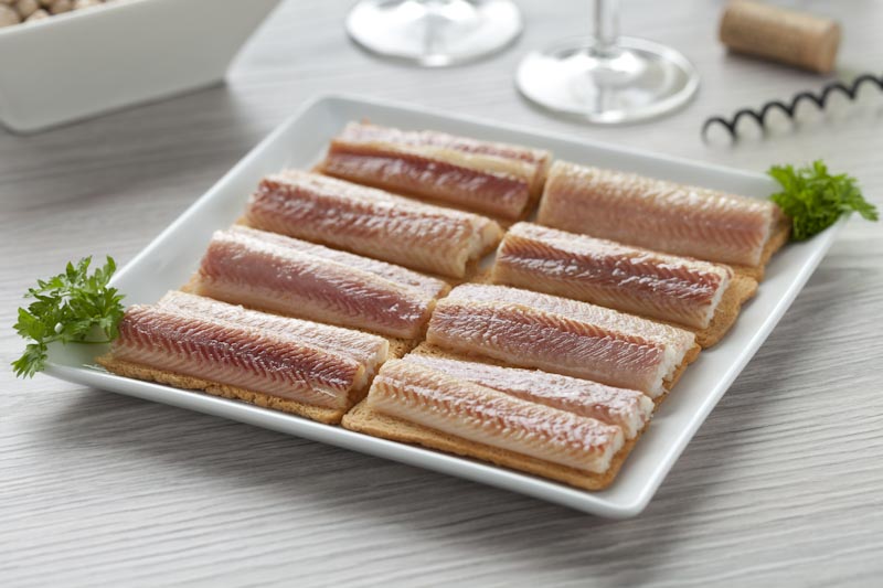 Geräucherter Fisch auf Toast serviert auf einem weißen Teller Ein Teller mit mehreren Stücken geräuchertem Fisch auf Toastscheiben, dekoriert mit frischen Kräutern