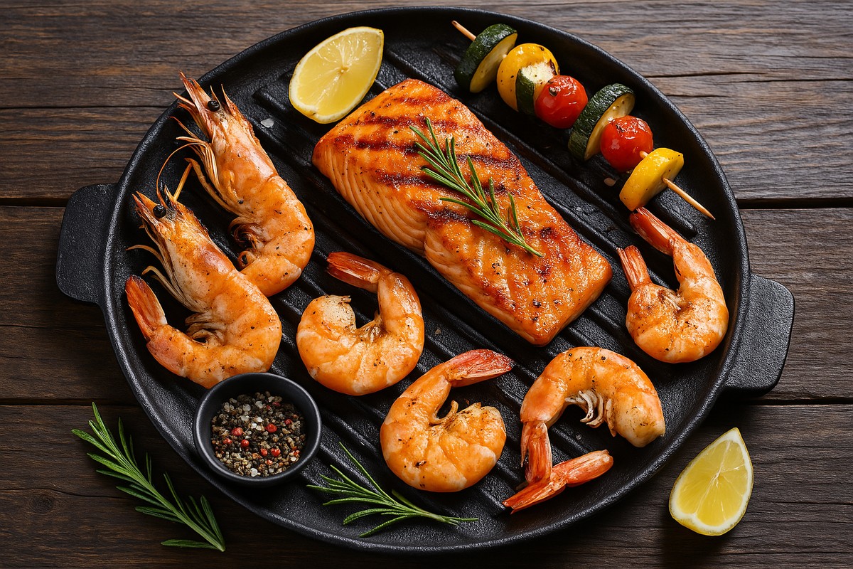 Gegrillter Lachs und Garnelen mit Gemüse-Spieß auf einer Grillpfanne Gegrillter Lachsfilet und Garnelen angerichtet mit Gemüse-Spieß und Zitronenscheiben auf schwarzer Grillpfanne