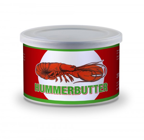 Hummerbutter in einer 370 ml Dose Rote Dose mit Hummerbutter und einem Hummerbild auf dem Etikett