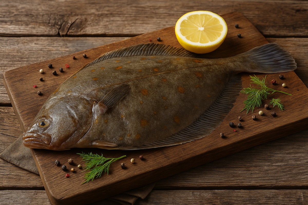 Frische Flunder auf Holzbrett mit Zitrone und Gewürzen Frische Flunder liegt auf einem Holzbrett, umgeben von einer halben Zitronenscheibe, Dill und Pfefferkörnern.