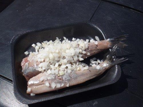 Frische Matjesfilets mit Zwiebeln in schwarzer Schale Zwei frische Matjesfilets, bedeckt mit gehackten Zwiebeln, serviert in schwarzer Schale auf dunkler Oberfläche