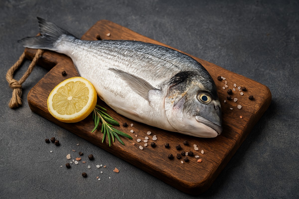 Frischer Fisch mit Zitrone auf einem Holzbrett Ein frischer Fisch mit einer Zitronenscheibe und Gewürzen auf einem Holzbrett präsentiert
