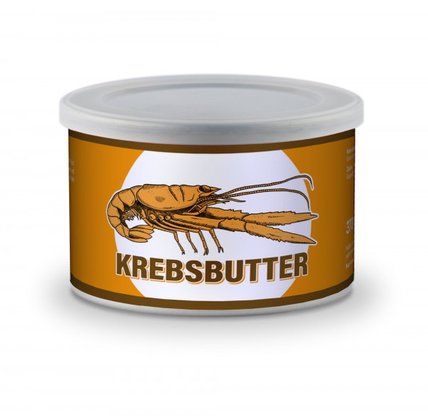 Gourmet Krebsecreme aus frischen Zutaten – Ideal für Feinschmecker Dose Krebsecreme mit gezeichnetem Krebs auf dem Etikett, braun und weiß gestaltet