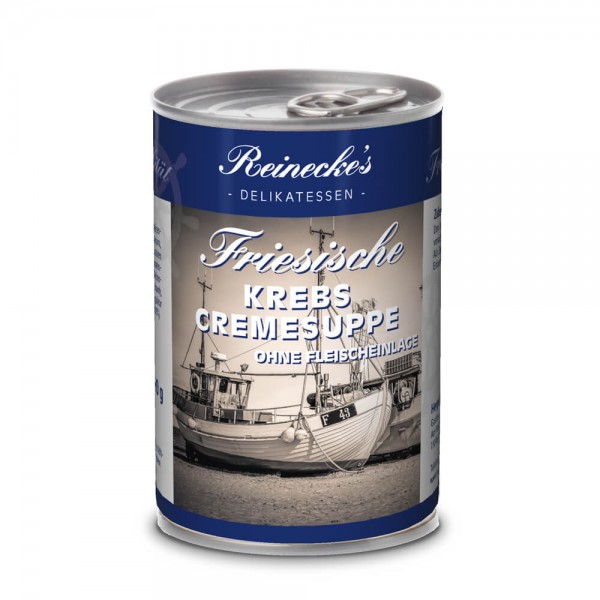 Reinecke's Friesische Krebscremesuppe - Delikatesse ohne Fleischeinlage Dose mit Reinecke's Friesischer Krebscremesuppe, dekoriert mit einem Bild eines Fischerbootes auf dem Etikett.