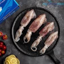 Frische Tintenfische in einer Pfanne mit Zitrone und Tomaten Vier ganze Tintenfische in einer gusseisernen Pfanne, umgeben von Zitronenscheiben und Tomaten, auf einem dunklen Untergrund