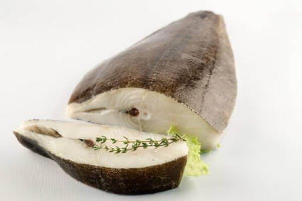 Frisches Heilbuttfilet mit Thymian auf Weiß Stück frisches Heilbuttfilet, dekoriert mit einem Zweig Thymian und Salat, auf weißem Hintergrund