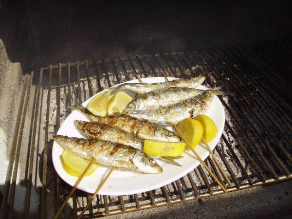 Frisch gegrillte Fische mit Zitronenscheiben auf einem Teller Ein Teller mit gegrillten Fischen und Zitronenscheiben auf einem Grill